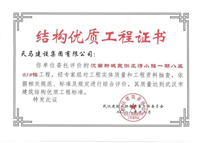 2018漢南綠地歐洲風情小鎮(zhèn)一期八區(qū)B3#樓獲武漢市建筑結構優(yōu)質工程